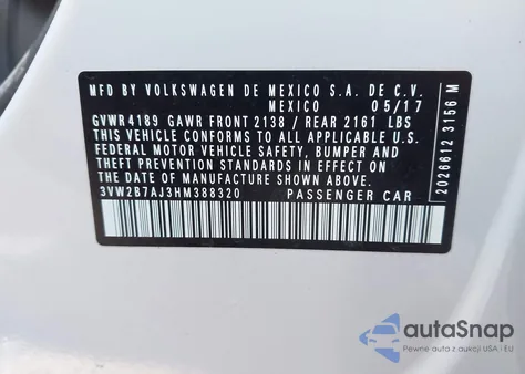 2017 Volkswagen Jetta 1.4T S z USA, uszkodzony, nr VIN 3VW2B7AJ3HM388320